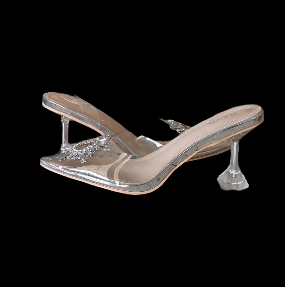 BAYQ Clear Rhinestone Pointed Toe Heels | Silver PVC Wedding Pumps BNIB - Picture 5 of 7